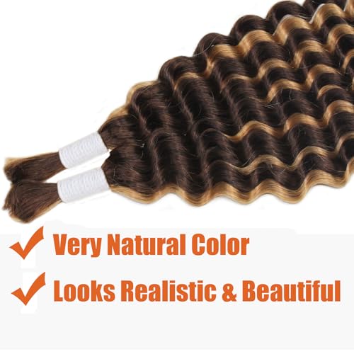 Deep Wave Bulk Human Hair Mixed Synthetic Braiding Hair For Boho Braids Knotless Bohemian Braids Brown Curly Hair Bundles No Weft Micro Braiding Hair Wet And Wavy Hair For Braiding(24 Inch, 4/27)