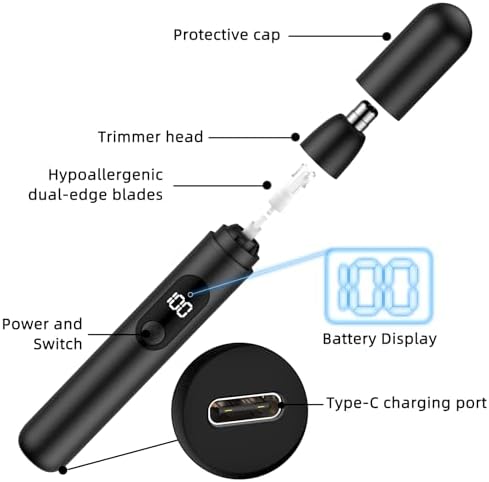 Smity Ear and Nose Hair Trimmer Professional Painless Eyebrow Trimmer for Men and Women Battery-Operated Dual-Edge Blades Built-in LED Light (Black)