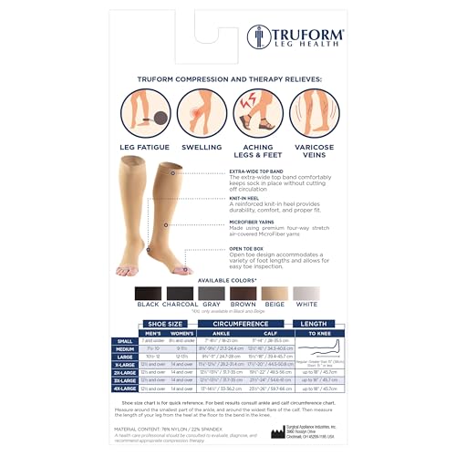 Truform 20-30 mmHg Compression Microfiber Stockings for Men and Women, Knee High Length, Open Toe, Black, Large