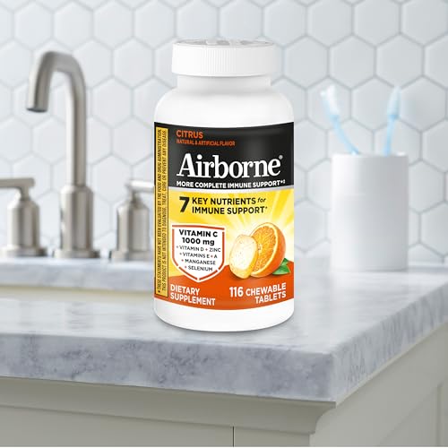 Airborne Vitamin C 1000mg (per Serving) - Citrus Chewable Tablets (116 Count in a Bottle), Gluten-Free Immune Support Supplement, with Vitamins A C E, Zinc, Selenium, Echinacea, Ginger, Antioxidants