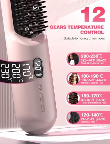 Portable Cordless Hair Straightener Brush for Travel,Mini Hair Straightener Comb with Negative Ion,Hair Straightener Brush Hot Comb for Women, Rechargeable 9600mAh Battery,12 Temp-Setting,Pink