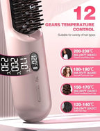 Portable Cordless Hair Straightener Brush for Travel,Mini Hair Straightener Comb with Negative Ion,Hair Straightener Brush Hot Comb for Women, Rechargeable 9600mAh Battery,12 Temp-Setting,Pink
