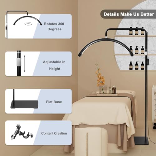 Eyelash Lamp - Dimmable LED Floor Lamp Lash Light for Eyelash Extensions, Salon SPA, Esthetician, Tattoo Artists - Rotating Half-Moon Head, Shadowless Lighting, Adjustable Brightness (Classic Black)