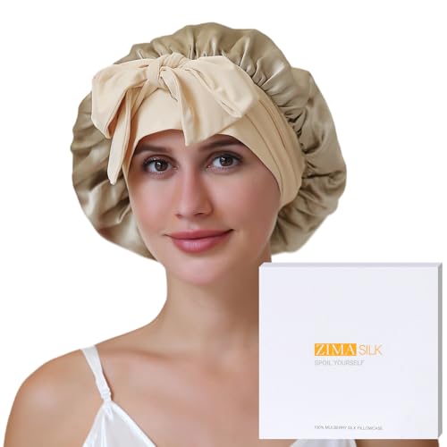 ZIMASILK 19 Momme 100% Mulberry Silk Bonnet for Sleeping Women Long Hair Double Layer Silk Hair Wrap with Tie Band Stay On Head for Hair Care (1Pc, Coffee)