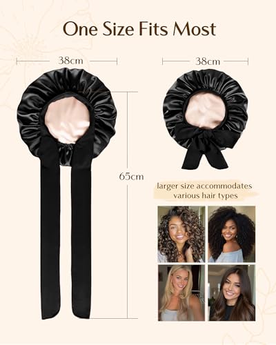 YANIBEST Double Layer Satin Silk Bonnet for Sleeping Hair Bonnet with Elastic Tie Band for Curly Hair Wig Caps Black