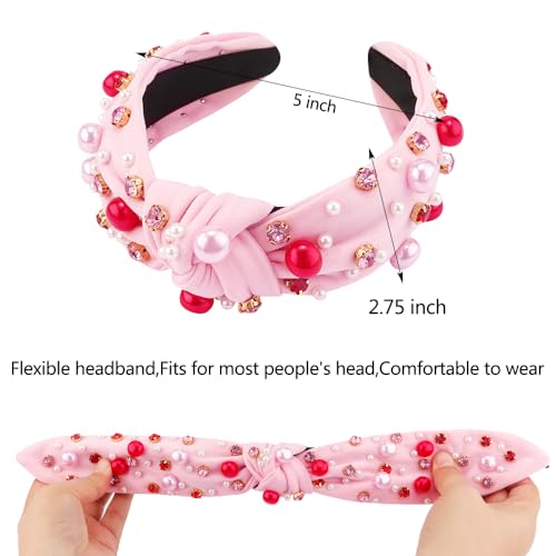 AHONEY Pink Headband Hair Accessories for Women Girls Knotted Headband Pearl Crystal Knotted Jeweled Wide Top Knot Headband Valentine’s Day Gifts (Pink)