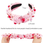AHONEY Pink Headband Hair Accessories for Women Girls Knotted Headband Pearl Crystal Knotted Jeweled Wide Top Knot Headband Valentine’s Day Gifts (Pink)