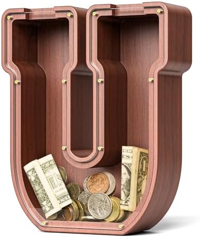 Summidate Wooden Letter Piggy Bank, Extra Thick Large Capacity Piggy Bank for Kids Boys Girls Toddler, Alphabet U Money Bank| Coin Box Birthday, Christmas, Festival