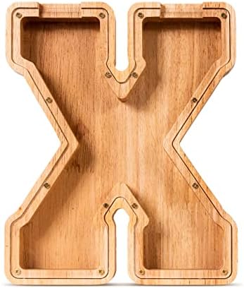 Summidate Customized Name Large Wooden Piggy Bank for Kids Boys Girls Alphabets Letter A-Z Coins Bills Money Change Bank Box Initial on Clear Cover (Laser Engraved) (Alphabet-X, Personalized-9")