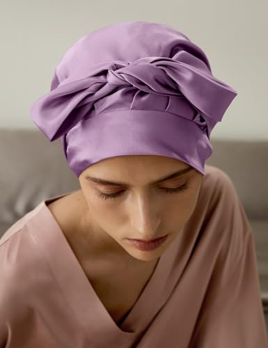 LilySilk 100% Silk Bonnet Pure Mulberry Silk Sleep Cap Womens Natural Silk Bonnet for Sleeping and Hair Care Night Hair Wrap with Long Elastic Band Stay On Lavender