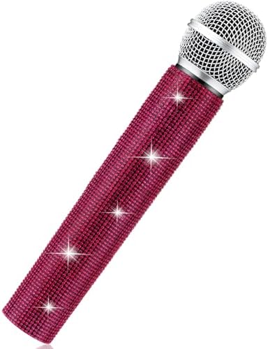 Sanwuta Fake Microphone Prop Sparkly Bling Rhinestones Plastic Play Microphone Pretend Glitter Bedazzled Mic for Cosplay Party Costume(Dark Pink)