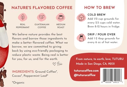 Organic Peppermint Mocha Ground Coffee - Real Peppermint & Cacao - Medium Roast, Organic Flavored Coffee - Smooth Low-Acid - Perfect for Drip, Pour Over or Cold Brew - 8 oz, 22 Servings