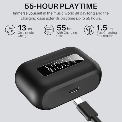 TOZO NC3 Hybrid Active Noise Cancelling Wireless Earbuds with 6 Mics AI Clear Call Ear Buds 55H Playtime with LED Display 32 Preset EQs via APP Bluetooth 5.3 IPX8 Waterproof in Ear Headphones