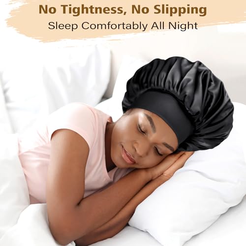Adubor Silk Bonnet for Sleeping Women Men - Larger Double Layer Satin Bonnet for Sleeping - Non-Slip Silk Turban - Hair Bonnet for Sleeping - Sleep Cap for Curly Hair (Black+Pink)