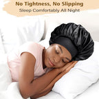 Adubor Silk Bonnet for Sleeping Women Men - Larger Double Layer Satin Bonnet for Sleeping - Non-Slip Silk Turban - Hair Bonnet for Sleeping - Sleep Cap for Curly Hair (Black+Pink)