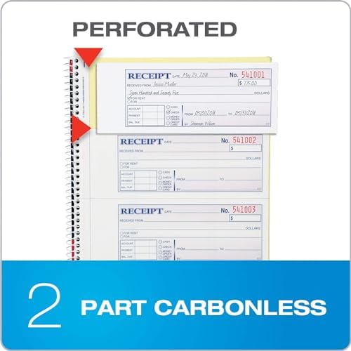 Adams Money and Rent Receipt Book, 2-Part Carbonless, 7-5/8" x 11", Spiral Bound, 200 Sets per Book, 4 Receipts per Page (SC1182), White/Canary