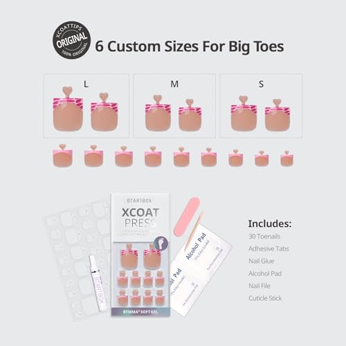 BTArtbox Press On Toenails - Lamp-Curable Real Square Toe Nail Press Ons with Glue for Women, Semi-Transparent French Tip Fake Toe Nail Tips in 15 Sizes - 30 Toenails Kit, Pink Croc