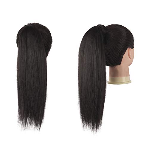 FESHFEN Straight Ponytail Extensions Long Drawstring Natural Synthetic Pony Tail Hair Pieces Clip in Ponytails Hairpieces for Women, Black Brown 14 inch