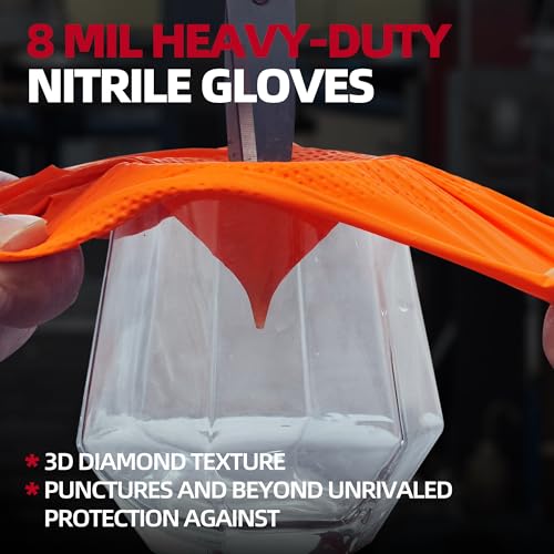 Jointown Basic Heavy Duty Nitrile Gloves Mechanic Gloves, Orange 8 Mil Nitrile Disposable Gloves Medium with Raised Diamond Texture, Latex Free, Powder Free Industrial Automotive Gloves Box of 200