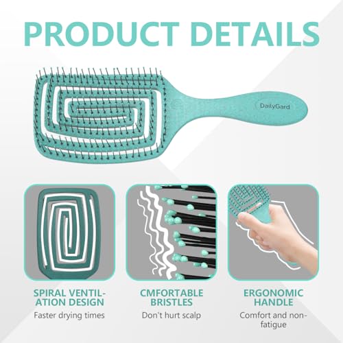 Detangling Brush, Dry and Wet Vented Detangler Hair Brush for Women and Men, Professional Paddle Curved Styling Hairbrush with 4 Randomly Coloured Hair Clips(Black, Pink or Green), Green