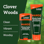 Mando Whole Body Deodorant - Invisible Cream Tube and Solid Stick - 72 Hour Odor Control - Aluminum Free, Baking Soda Free, Skin Safe - 3.0 Oz Tube and 2.6 Oz Solid Stick - Clover Woods