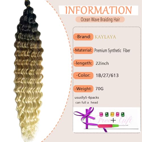 Ombre Curly Braiding Hair 22 Inch Ocean Wave Crochet Hair for Black Women 3Packs Deep Wave Wet and Wavy Braiding Hair For Boho Braids （1B/27/613)
