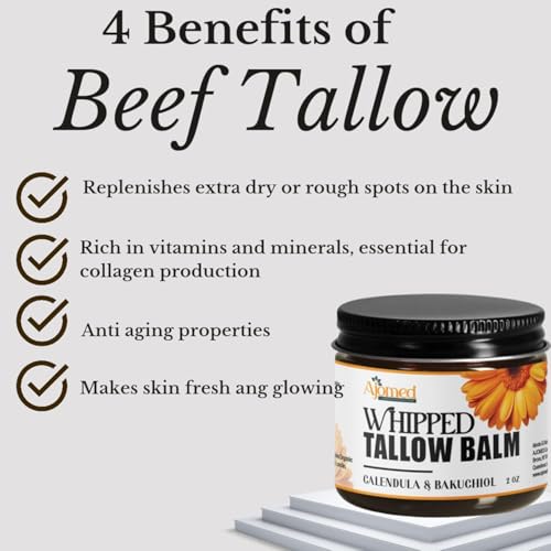 Whipped Tallow for skin Moisturizer with calendula and bakuchiol oil | tallow for skin care - handmade grass-feed Frankinsence tallow face cream- organic facial balm (Sandalwood Vanilla)