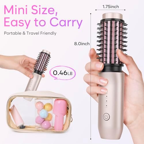 Cordless Curling Iron Brush, 2024 New Portable Travel Curling Iron Mini Brush for Women, 7000Mah USB Rechargeable Curling Wand Brush with Negative Ion, Pink