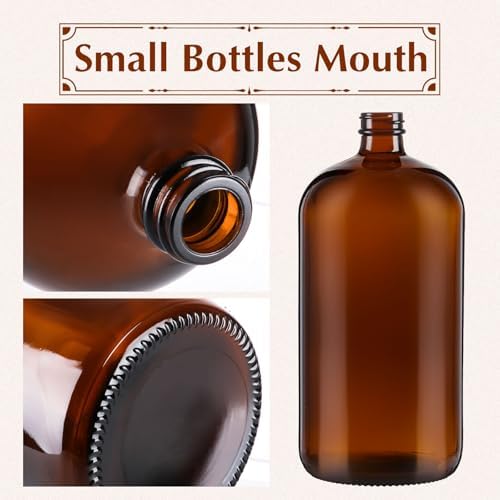 4 Pack 32 oz Amber Boston Round with Black Poly Cone Cap,Reusable Brown Glass Bottles for Secondary Kombucha Fermentation,Homemade Essential Oils,Lab Chemicals