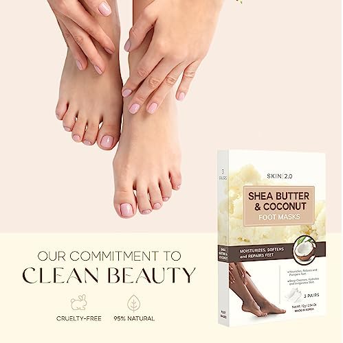 Shea Butter & Coconut Foot Masks - Softens Calluses, Treats Cracked Heels, Soothing & Hydrating - Dermatologist Tested Korean Skincare - Clean Beauty, Cruelty-Free, All Skin Types - 3 Pairs