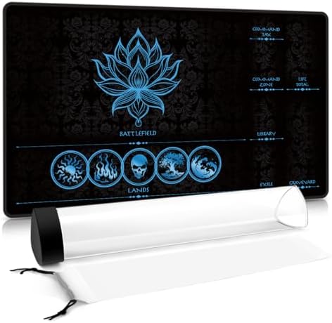 MTG Playmat with Play Zones – Magic Play mat Card Game Mat for Magic The Gathering, Lotus & Basic Lands Design, 24x14 inch, Stitched Edge, Non-Slip Base with Prismatic Playmat Tube-Blue Zone