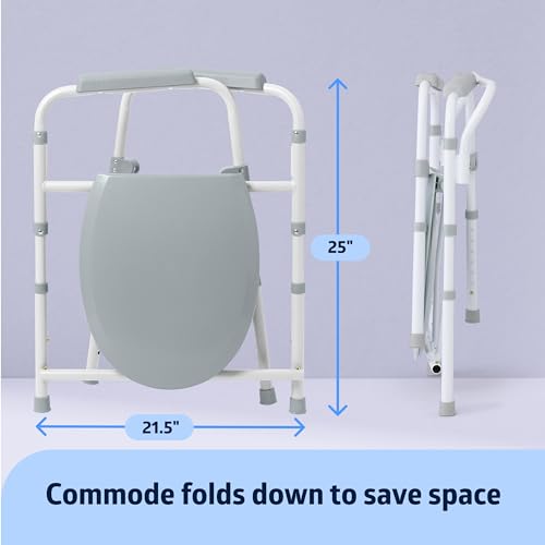 Medline 3-in-1 Steel Bedside Commode, Elongated Seat, Sturdy Folding Frame, 7.5 QT. Bucket, 350 lb. Weight Capacity, Clip-on Seat, Easy Cleaning, Tool-Free Assembly, Gray