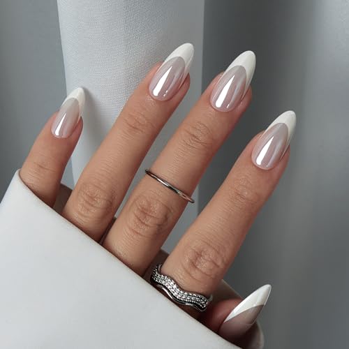 BTArtbox Press On Nails Almond - Chrome French Tip Press on Nails, White Glue On Nails for Gifts, Natural Reusable Glazed Stick On Nails in 15 Sizes - 30 Fake Nails Kit, White Swan