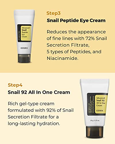 COSRX All About Snail Korean Skincare | TSA Approved Travel Size, Gift Set with Facuak Cleanser, Essence, Cream & Eye-cream, Repairing, Recovering, Rejuvenating Kit with Snail Mucin, Korean Skincare