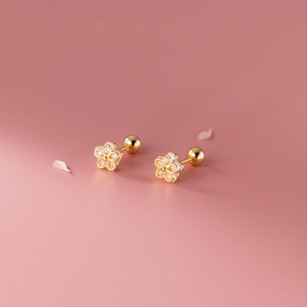 Gold Flower Stud Earrings 925 Sterling Silver 18K Gold Plated Cubic Zirconia Screw Back Cute Hypoallergenic for Women Jewelry Gift Graduation Gift Thanksgiving Day Christmas
