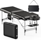 Brelley Massage Table Portable, 2-Fold Lash Bed with Side Pocket, Adjustable Height, Sturdy Aluminum Frame, Esthetician Spa Facial Bed, Tattoo Bed with Face Cradle & Carrying Bag, Black