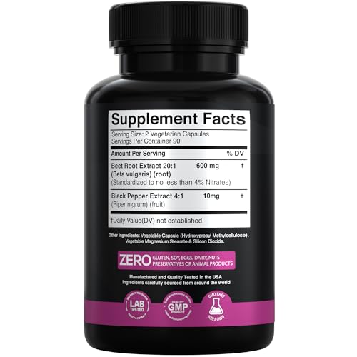 Beet Root Extract 20:1- Concentrated Beet Root Capsules Supplement w/Black Pepper - High Nitrates - Natural Nitric Oxide Booster - Highly Concentrated & Bioavailable - Made in USA -180 Caps