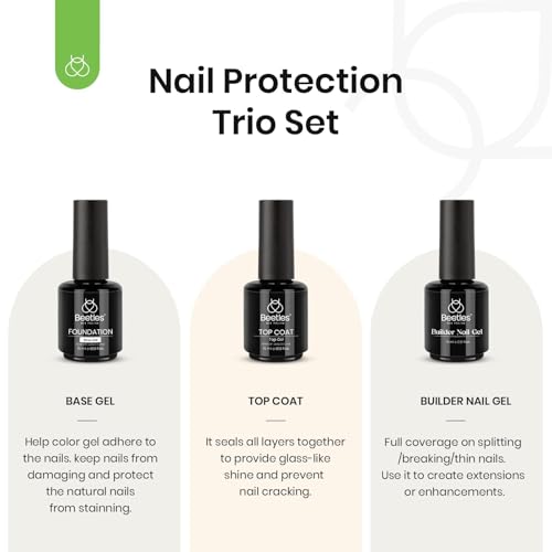 Beetles 3Pcs 15ml Builder Nail Gel with Top and Base Coat Set No Wipe Gel Top Coat Base Gel Builder Extension Gel for Nails Shine Finish and Long Lasting Nail Protection Gift for Women