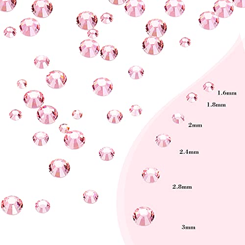 Bememo 3456 Pcs Crystals Diamond Rhinestones AB Clear Flat Back Round Gems Flatback Glass Mixed Size Crystals Gems for Crafts Clothes Shoes Makeup Bags Decor, 6 Sizes(Pink)