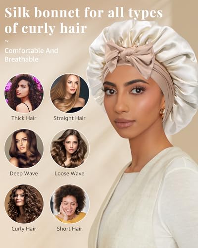 AWAYTR Silk Bonnet for Sleeping Women 100% Mulberry Silk Bonnet with Band 2 Layer Reversible Hair Bonnet Sleeping Hair Wrap (Silk, Dark Brown/Light Champagne)