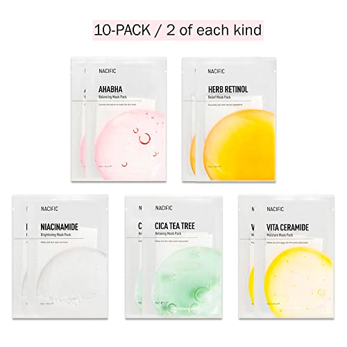 NACIFIC Premium 10-Sheet Facial Mask Skincare Korean Variety Pack for Ultimate Skin Nourishment - Hyaluronic Acid, Ceramide, and Vitamin-Infused for All Skin Type