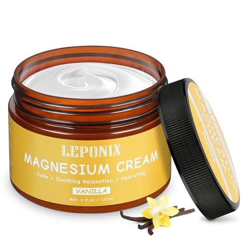 LEPONIX Magnesium Cream for Sleep, Magnesium Body Butter, Leg Cramps & Pain, Muscle Relaxation, Magnesium Lotion for Sleep, Magnesium Balm for Men Women, Safe for Kids (120ml, Vanilla)