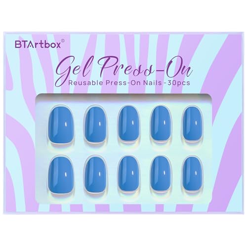BTArtbox Press On Nails Short - Blue Press On Nails, Oval Fake Nails with Nail Glue, Fit Perfectly & Reusable Glue On Nails in 16 Sizes Nail Kit, Navy Nights