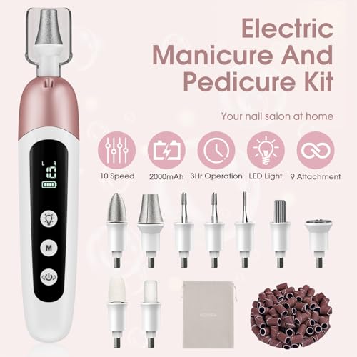 Cordless Electric Nail File Set, Professional Manicure Pedicure Kit, 10 Speed Portable Nail Drill Machine with Memory Modes, Pedicure Tools for feet, Hand Foot Care Tool for Thick Nail Toenail Cuticle