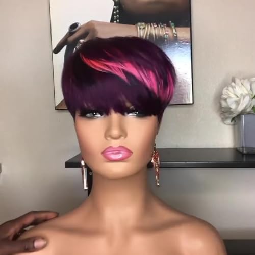 PangDongLai 10A Pixie Cut Wigs for Black Women Purple/pink Color Short Layered Pixie Haircut Wigs With Bangs Brazilian Virgin Human Hair Wigs for Women Glueless Full Machine Made Wigs