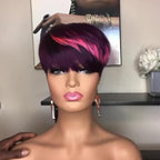 PangDongLai 10A Pixie Cut Wigs for Black Women Purple/pink Color Short Layered Pixie Haircut Wigs With Bangs Brazilian Virgin Human Hair Wigs for Women Glueless Full Machine Made Wigs