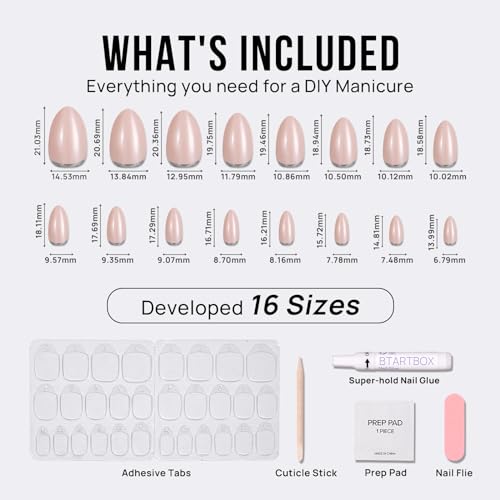 BTArtbox Press On Nails Almond - Short Fake Nails with Silver Foil Design, Resuable Glue On Nails for Women Gift in 16 Sizes, Crescent Moon