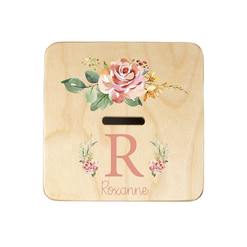 Wooden Piggy Bank for Kids and Adults, Personalized Gift Handmade in USA by BloomOwl, Custom Piggy Bank, Personalized Banks for Kids, Gifts for Baby Boys and Girls (Elephant- Coral)