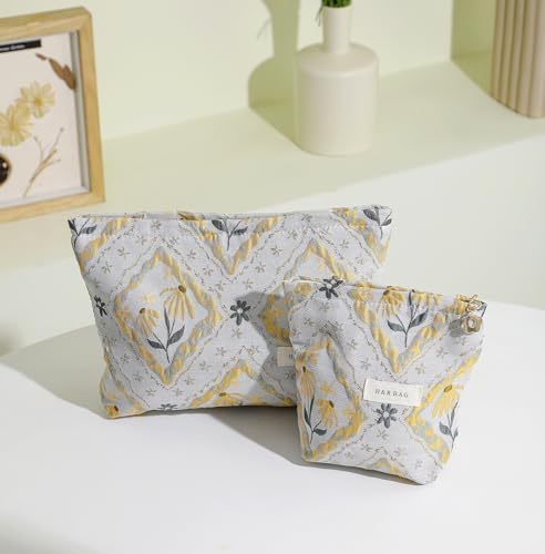 2 Pcs Makeup Bags, Large Cosmetic Bag Travel Toiletry Bag Organizer for Women, Embroidery Craft, Floral Makeup Bag Small Cosmetic Pouch Purse with Zipper Gifts for Girls Teen
