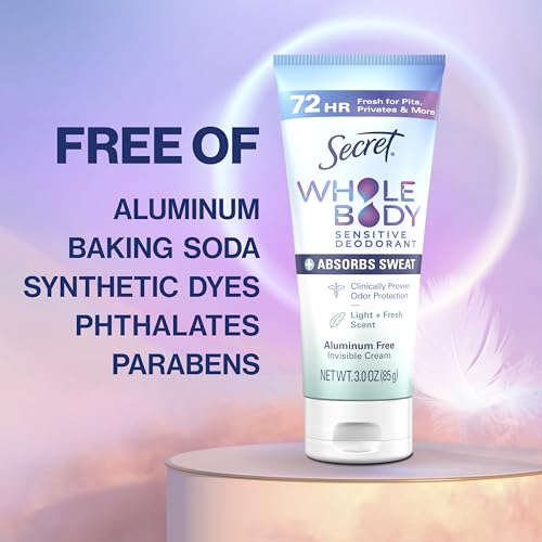 Secret Whole Body Deodorant Dry Feel Cream + Absorbs Sweat for Women, Light & Fresh Scent, Aluminum Free Deodorant, 72 HR Odor Protection, 3.0 oz